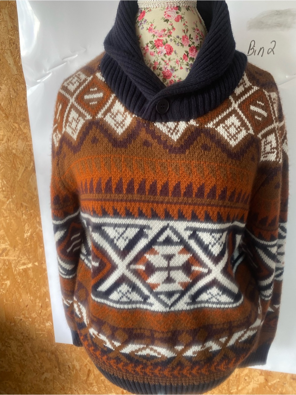 Men's Patterned Shawl Turtleneck Sweater in Brown and Navy
